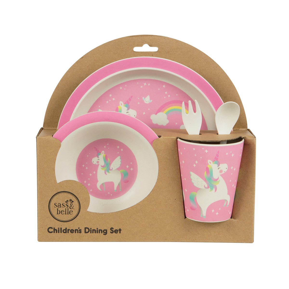 Fly away with this bamboo tableware and cutlery set in a pretty pink colour scheme, with a magical rainbow unicorn themed design.