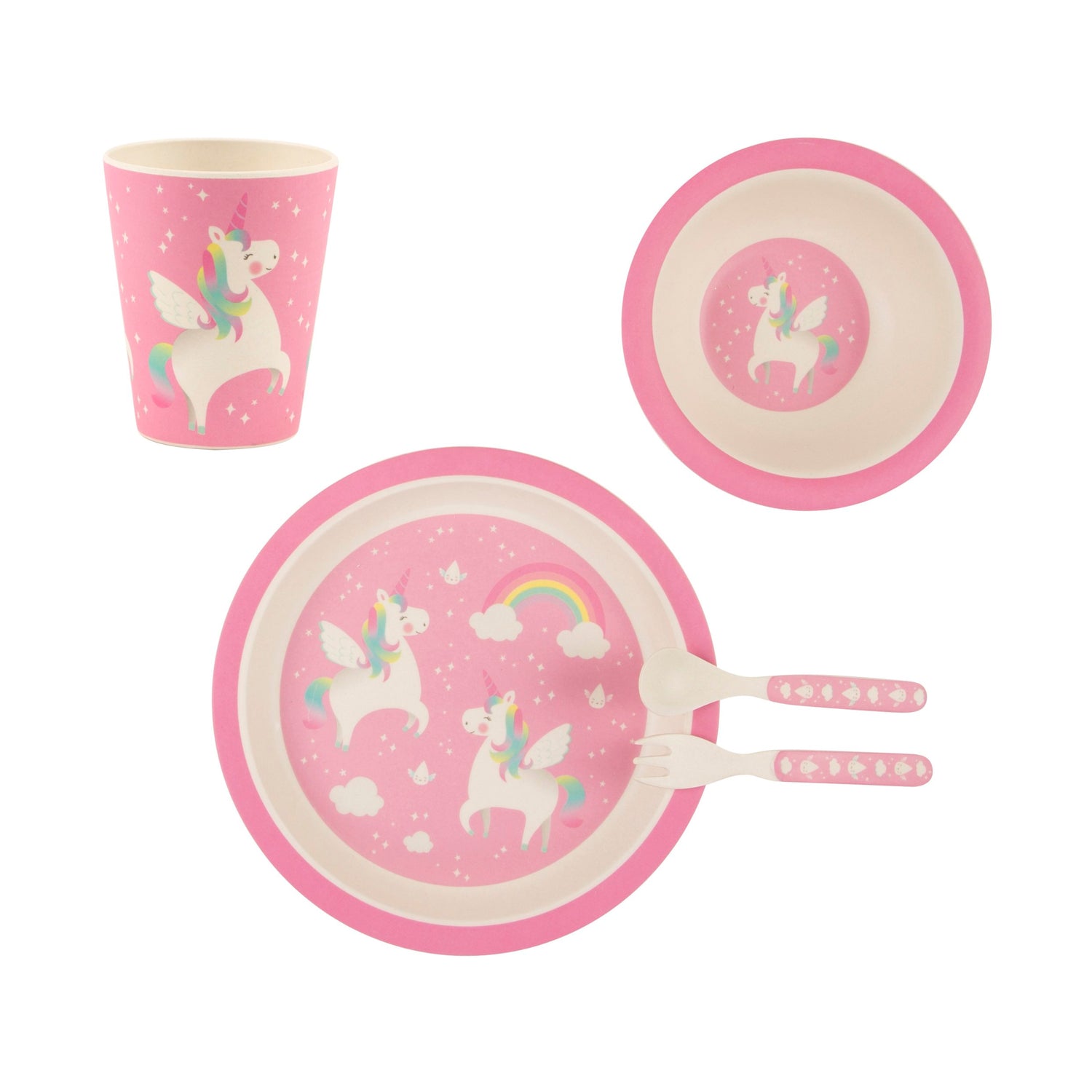 Fly away with this bamboo tableware and cutlery set in a pretty pink colour scheme, with a magical rainbow unicorn themed design.