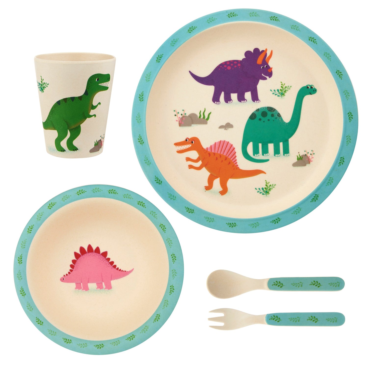 Totally 'roarsome' tableware and cutlery set featuring fun dinosaurs in a multicoloured design.