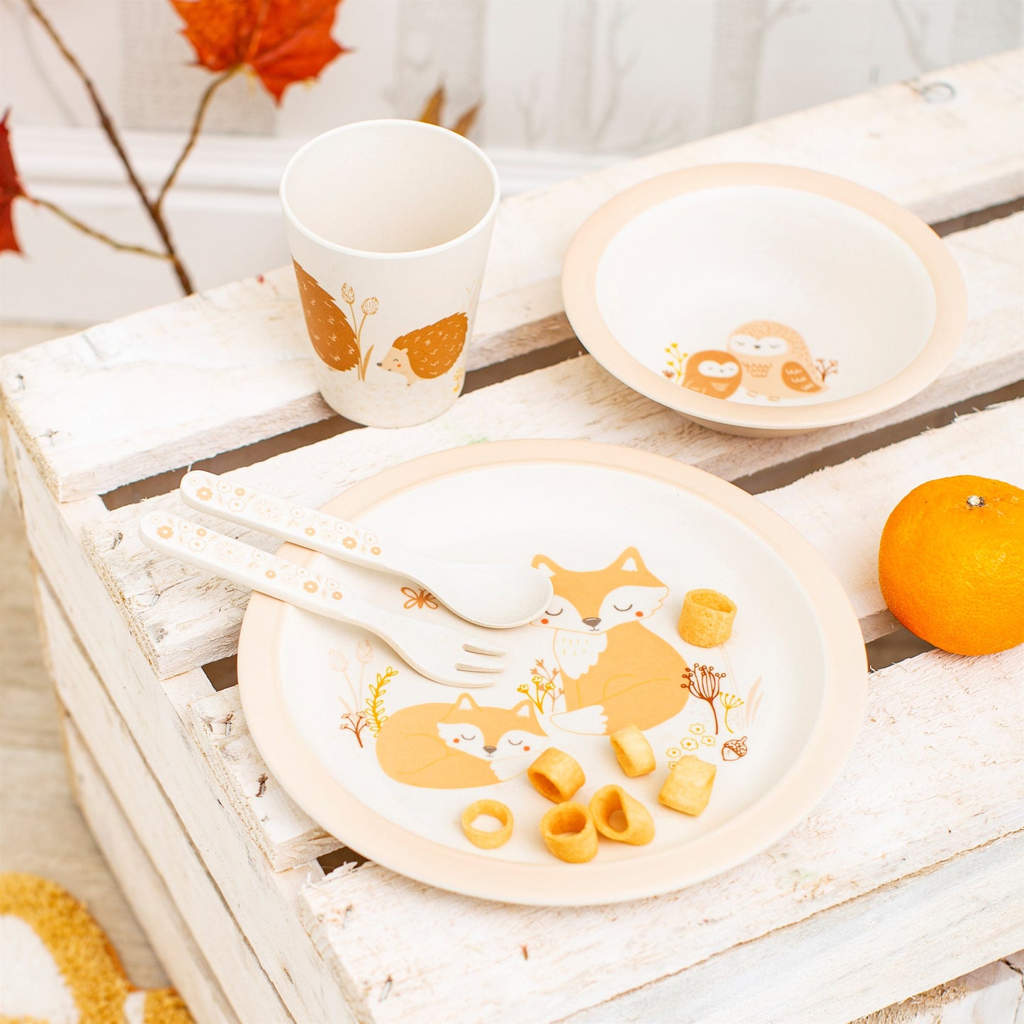 Adorable tableware and cutlery set in a muted natural colour scheme, featuring very cute woodland baby animals!