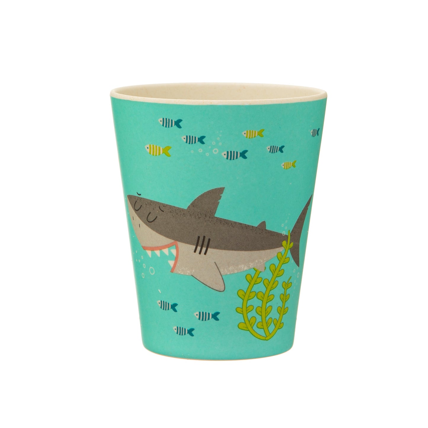 Fancy a swim? Gorgeous bamboo tableware and cutlery set in a green/blue and white design featuring Shelby the Shark and some underwater friends!
