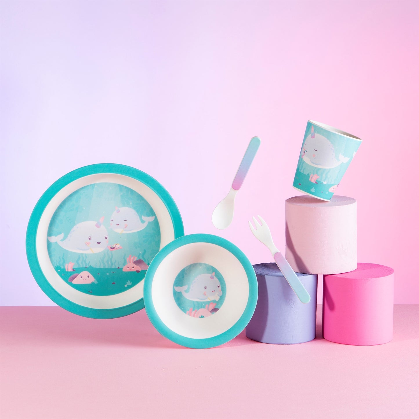 Gorgeous tableware and cutlery set in an icy aqua and white colour scheme featuring Alma the Narwhal and some underwater friends!