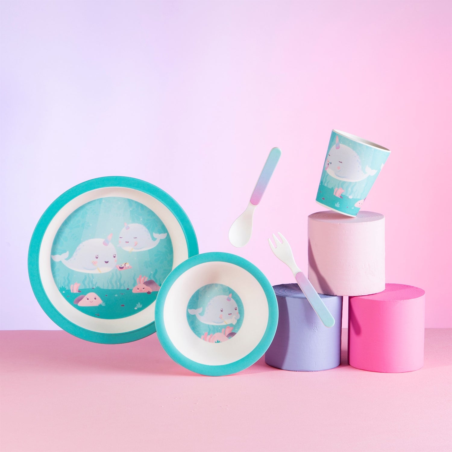 Gorgeous tableware and cutlery set in an icy aqua and white colour scheme featuring Alma the Narwhal and some underwater friends!