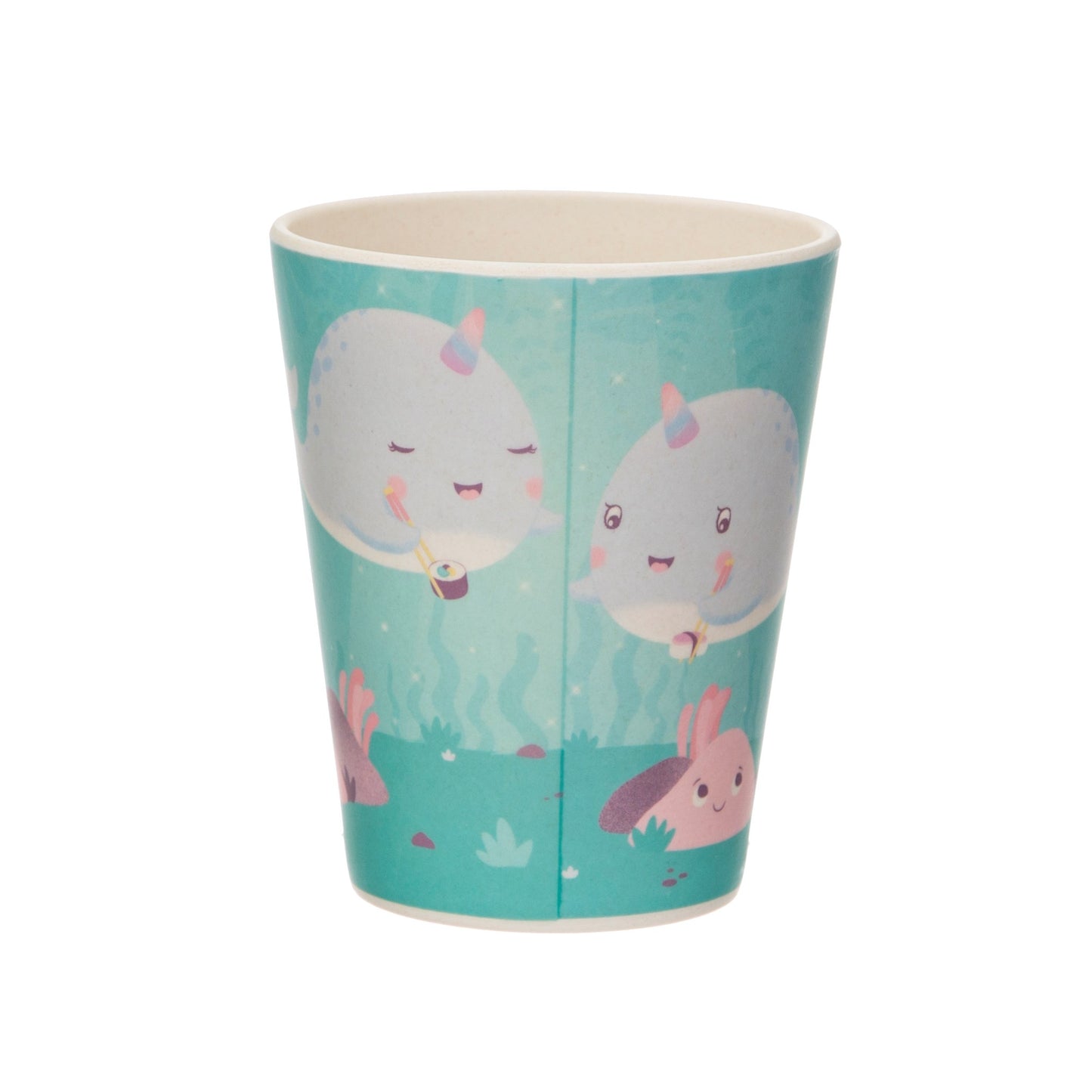 Gorgeous tableware and cutlery set in an icy aqua and white colour scheme featuring Alma the Narwhal and some underwater friends!