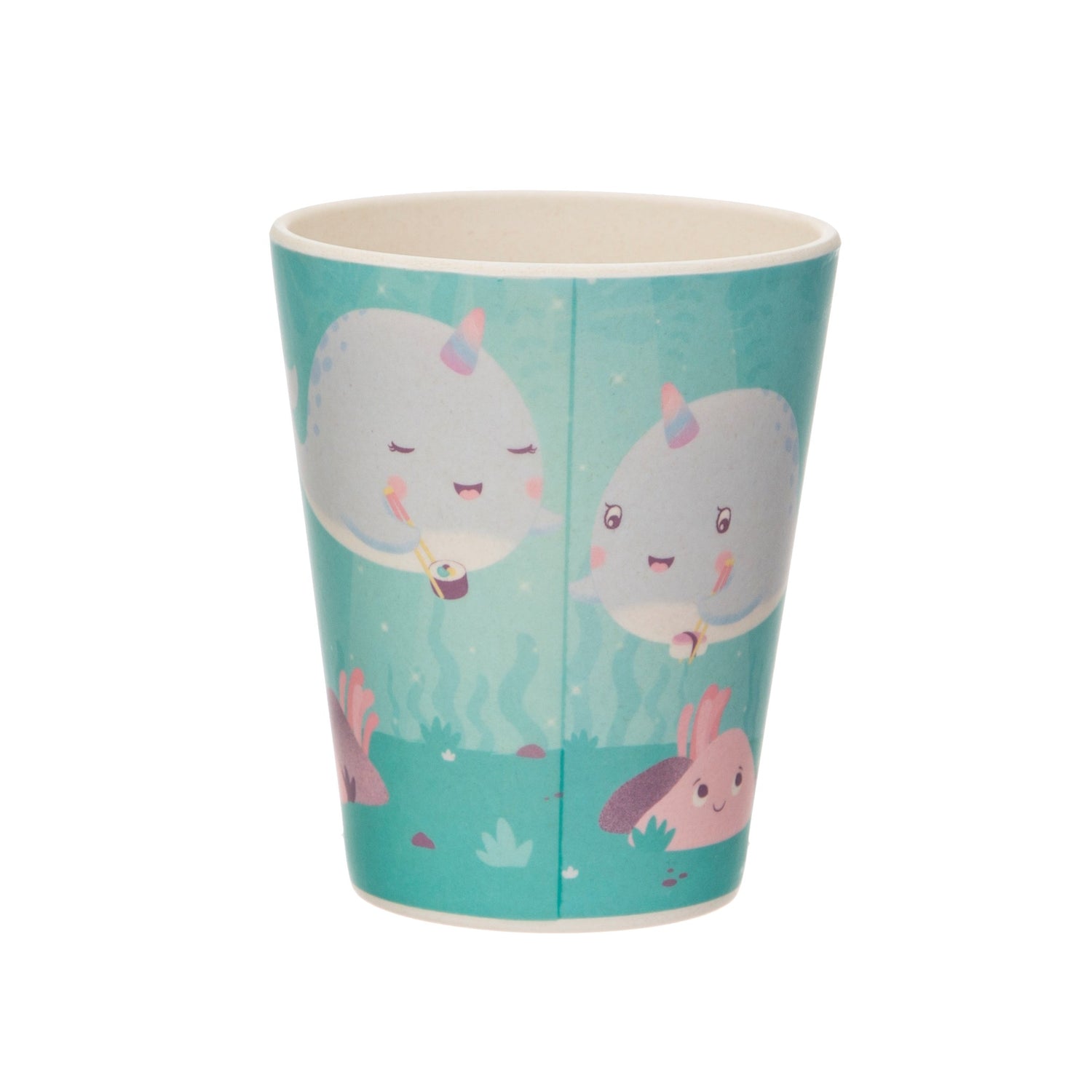 Gorgeous tableware and cutlery set in an icy aqua and white colour scheme featuring Alma the Narwhal and some underwater friends!