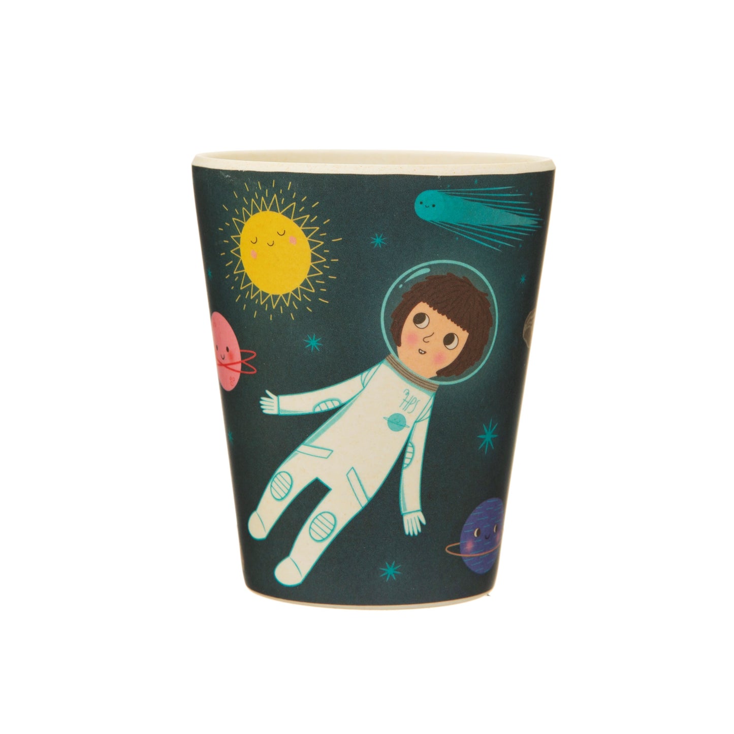 Explore space with this bamboo tableware and cutlery set in a midnight blue with neon bursts colour way, in a fun space explorer themed design.
