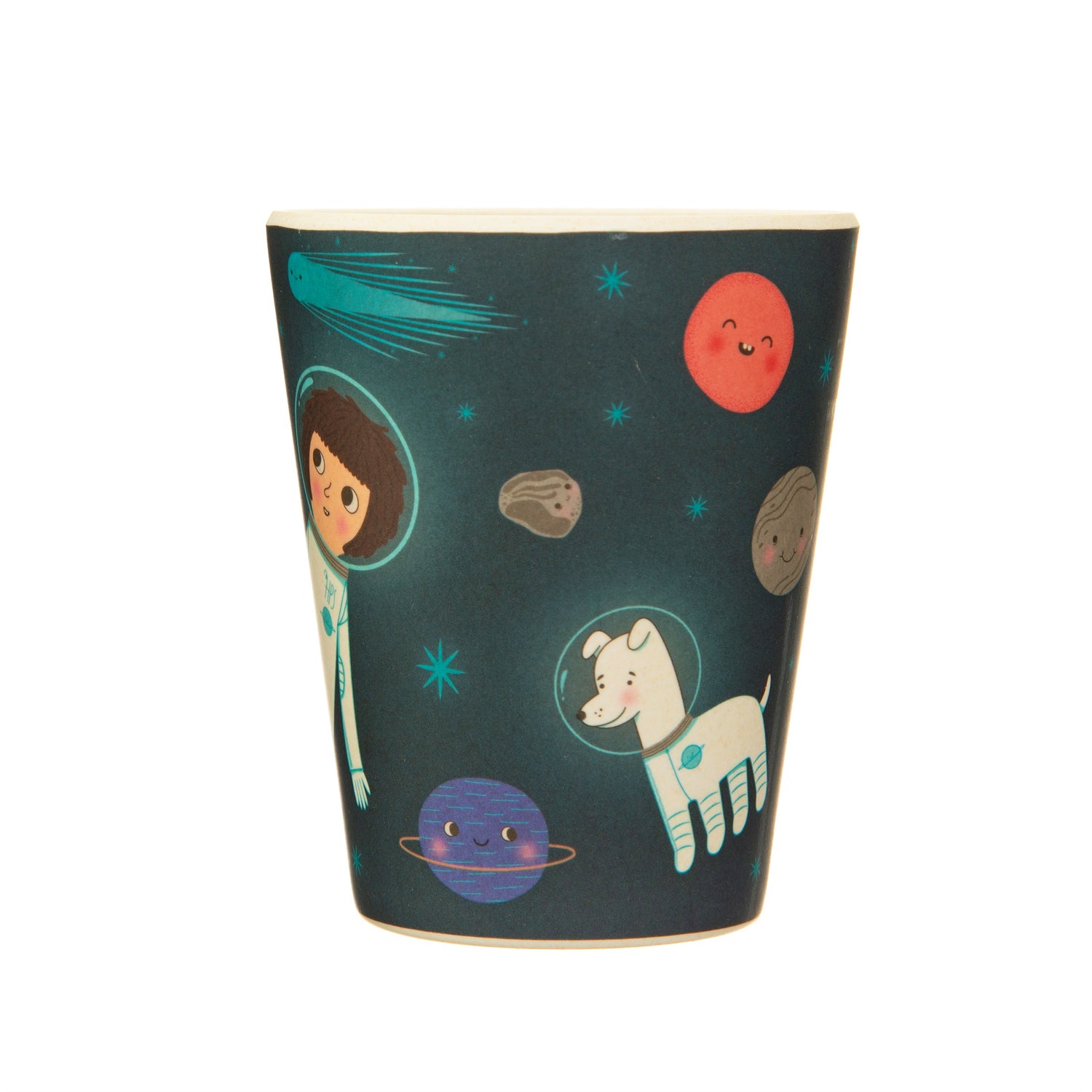Explore space with this bamboo tableware and cutlery set in a midnight blue with neon bursts colour way, in a fun space explorer themed design.