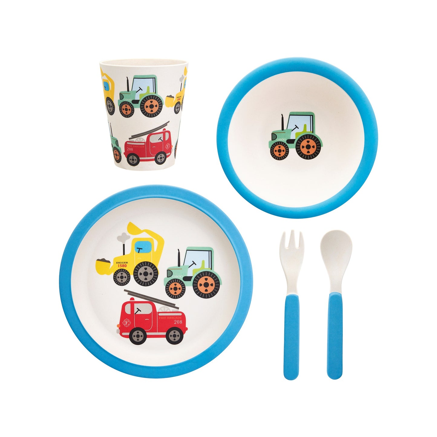 Fun and educational bamboo tableware and cutlery set in a primary colour based transport themed design featuring a tractor, digger and fire engine.
