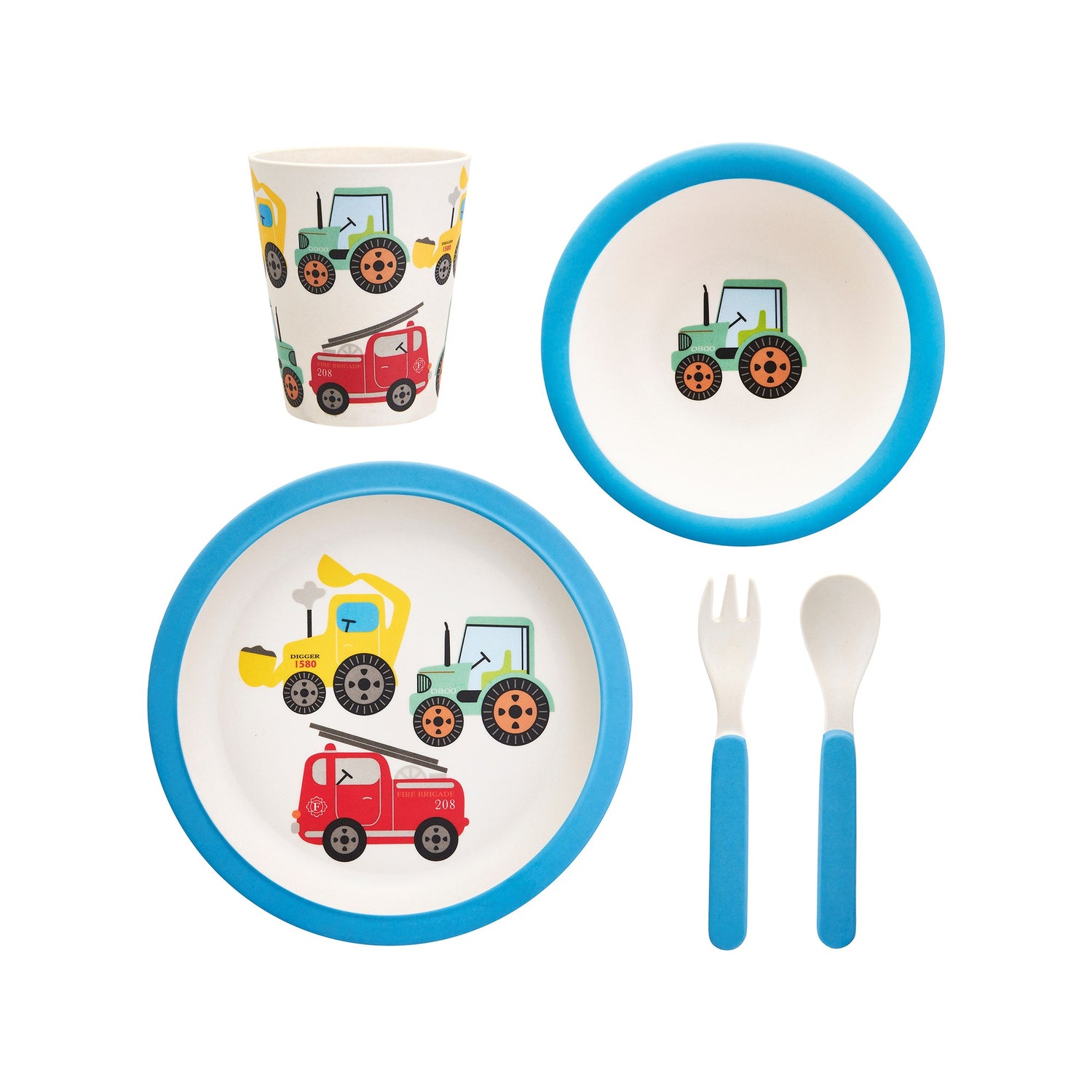 Fun and educational bamboo tableware and cutlery set in a primary colour based transport themed design featuring a tractor, digger and fire engine.