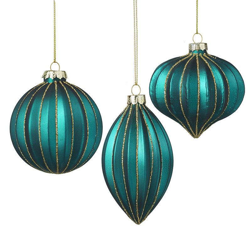 Dark Aqua & Gold Glass Christmas Tree Baubles (Set of 3)