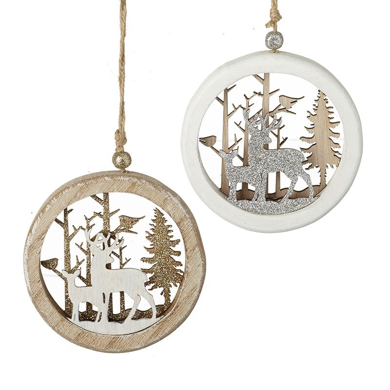 Rustic Winter Scene Wooden Glitter Christmas Tree Decorations (Pair)