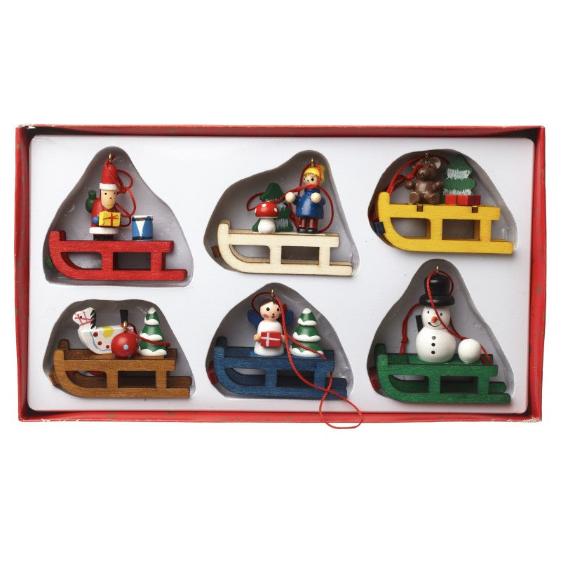 Multi-Coloured Wooden Sleigh Christmas Tree Decorations (Set of 6)