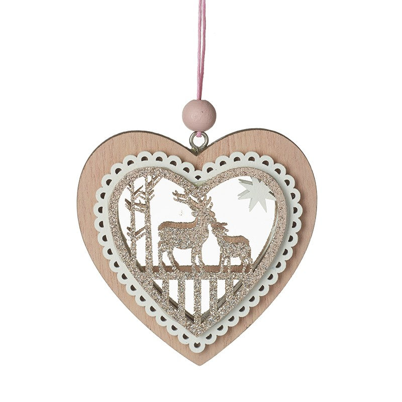 Rustic Reindeer Winter Scene Wooden Heart Shaped Christmas Tree Decoration