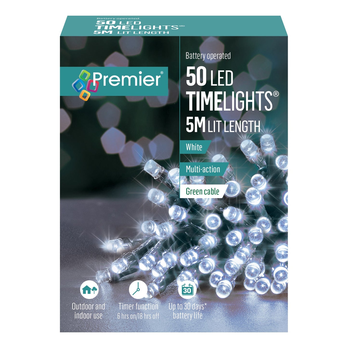 50 White LED Battery Operated Programmable Timer Lights (5m)