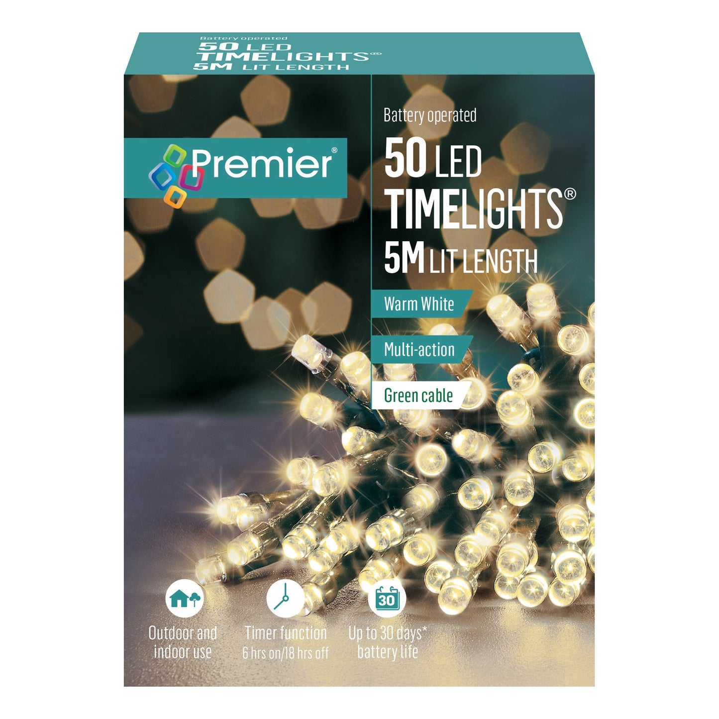 50 Warm White LED Battery Operated Programmable Timer Lights (5m)