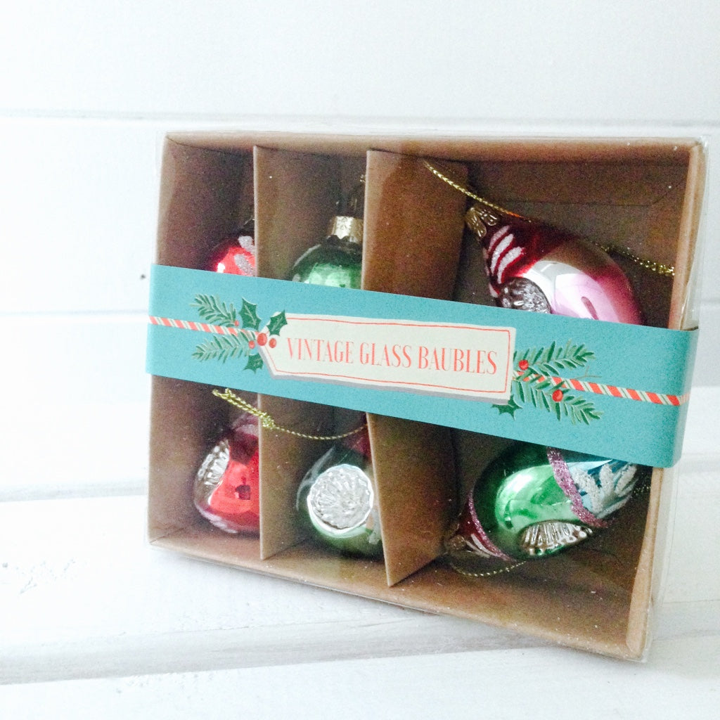 A beautiful set of 6 mini vintage style glass baubles for hanging on the Christmas tree or around the home, in windows or from antlers.