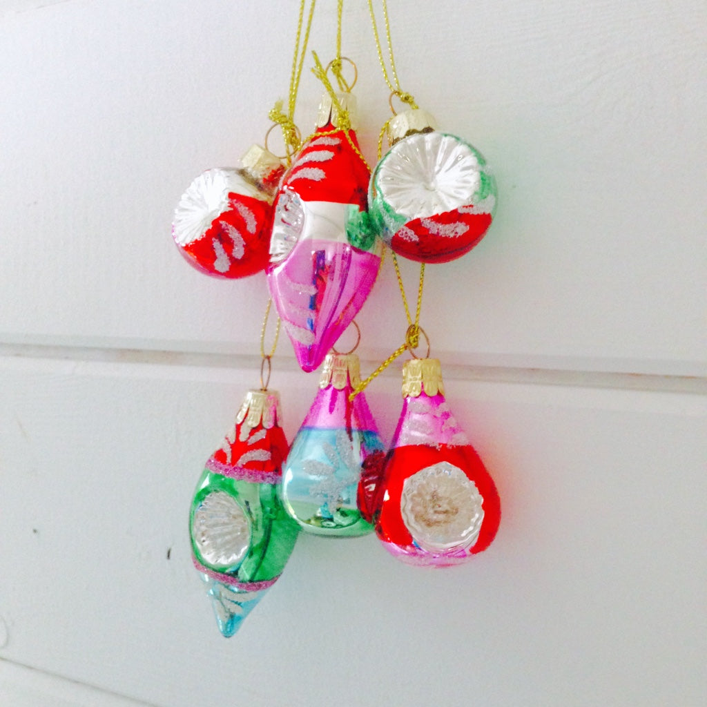 A beautiful set of 6 mini vintage style glass baubles for hanging on the Christmas tree or around the home, in windows or from antlers.