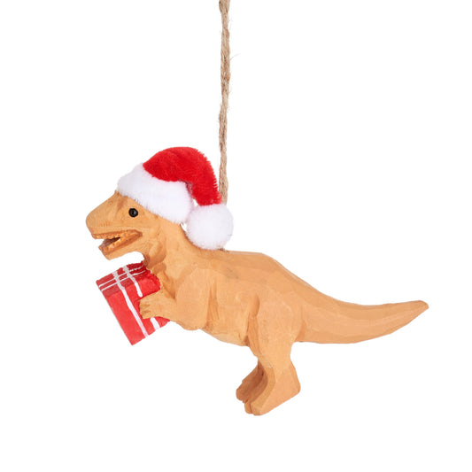 Wooden T Rex wearing Santa Hat with Gift Christmas Tree Decoration