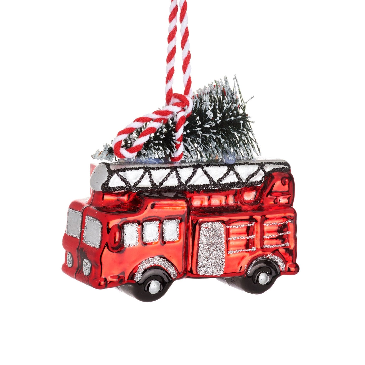 Fire Engine with Christmas Tree Glass Hanging Bauble