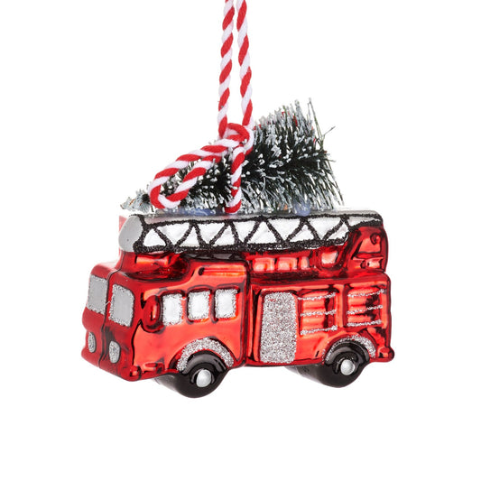 Fire Engine with Christmas Tree Glass Hanging Bauble