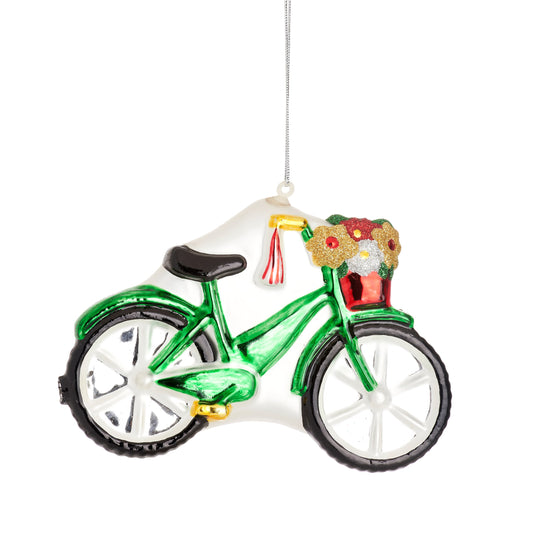 Green Bike with Flower Basket Glass Christmas Tree Hanging Bauble