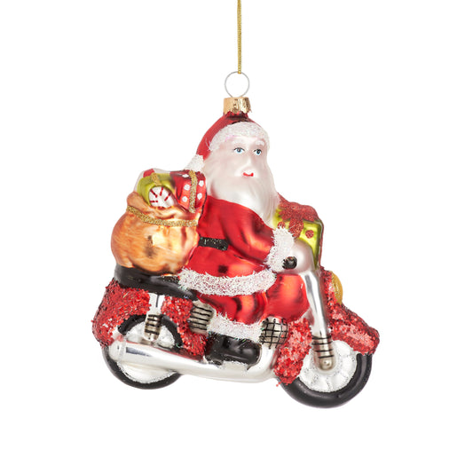 Santa on a Motorbike Glass Christmas Tree Decoration