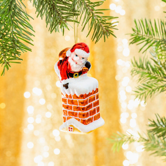 Santa Going Down The Chimney Glass Christmas Tree Decoration