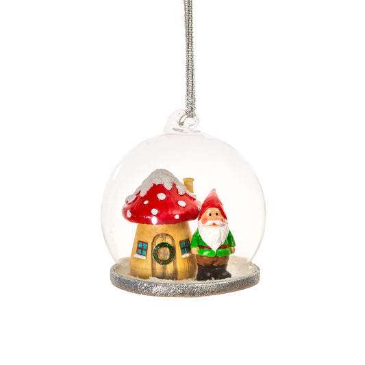 Gnome and Mushroom Home Glass Dome Christmas Tree Decoration