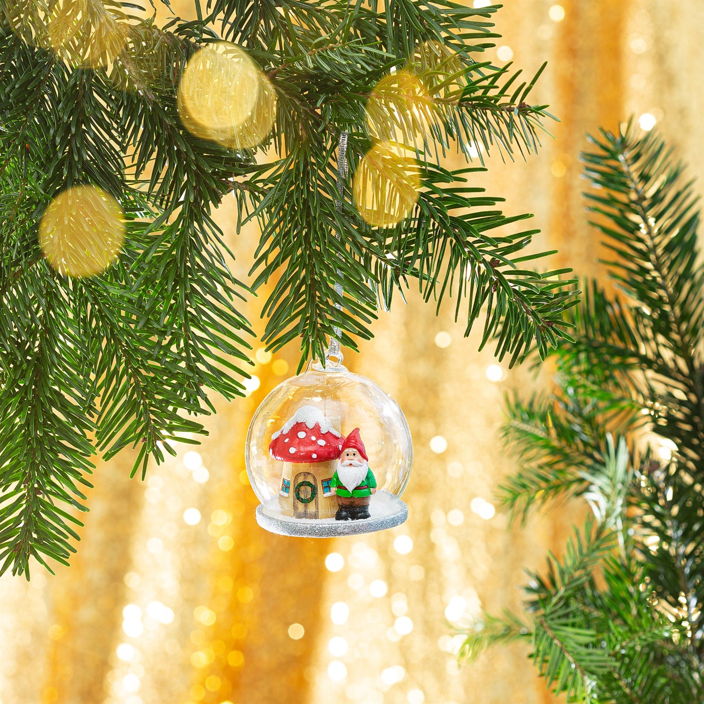 Gnome and Mushroom Home Glass Dome Christmas Tree Decoration