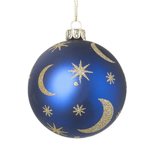 Blue and Gold Moon and Stars Glass Christmas Bauble