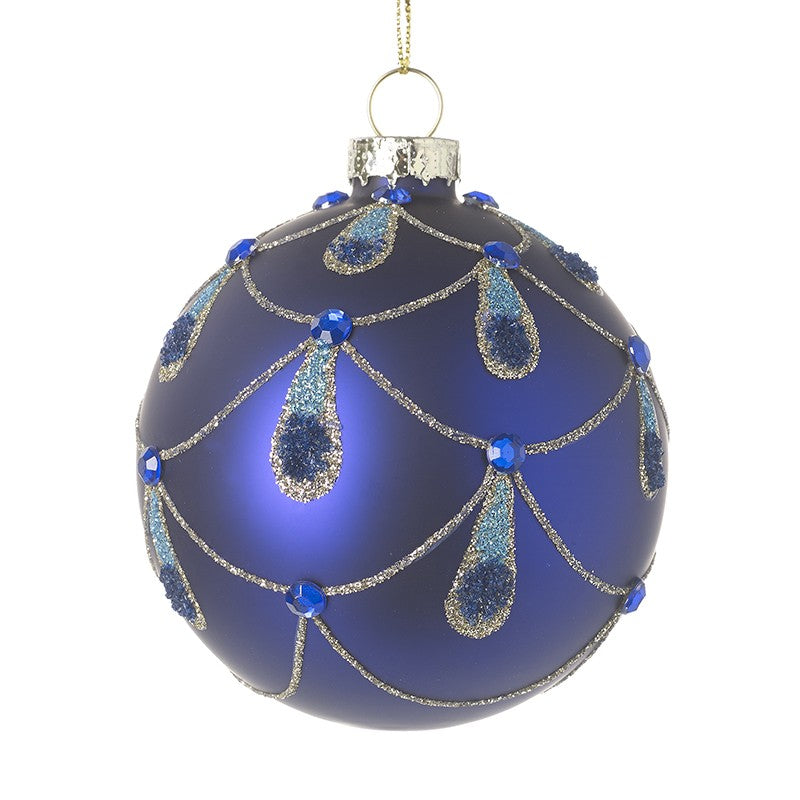 Dark Blue & Gold Peacock Feather Glass Christmas Tree Bauble