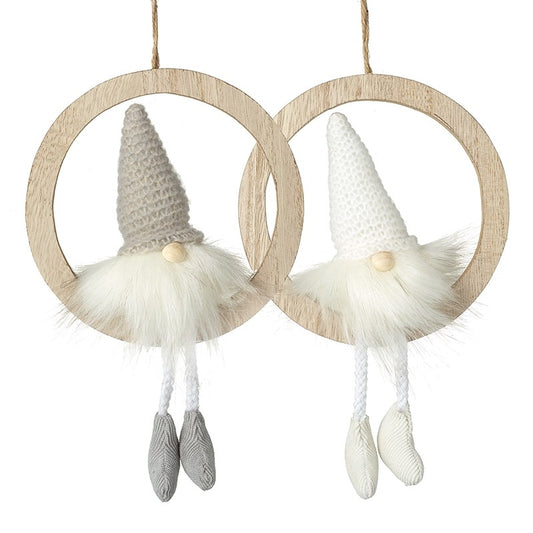 Grey and White Gonks in Wooden Hoops Christmas Tree Decorations (Set of 2)