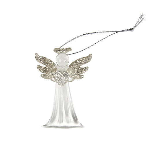 Glass Angel with Silver Glitter Heart and Wings Christmas Decoration