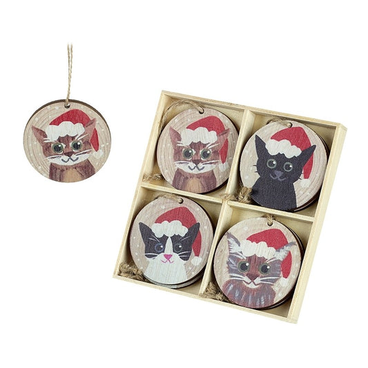 Set of 8 Wooden Festive Cat Christmas Tree Decorations