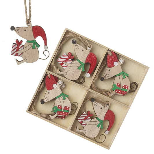 Set of 8 Wooden Festive Mice Christmas Tree Decorations