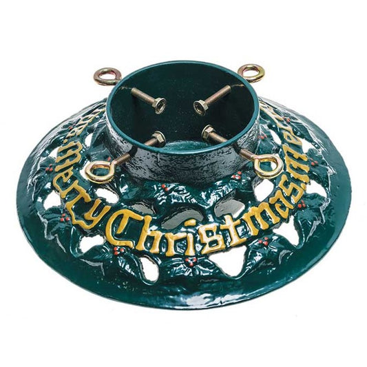 Decorative green and gold round design with Merry Christmas around the base cast iron Christmas Tree stand is pretty and practical.