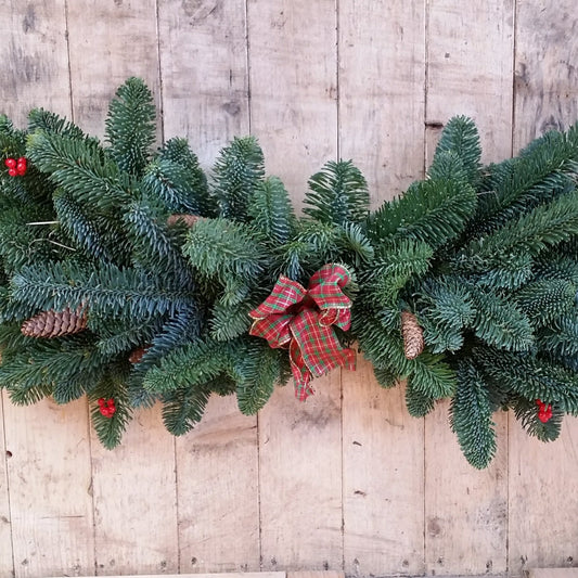Noble Fir Mantle with Tartan Ribbon for the mantle piece, fireplace or window