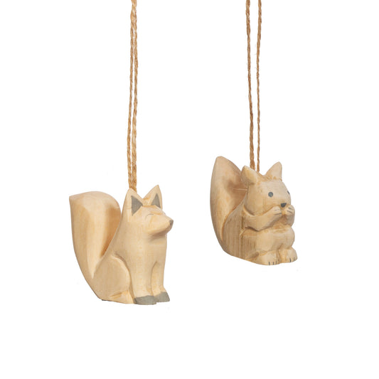 Hand-carved Wooden Fox & Squirrel Christmas Decorations