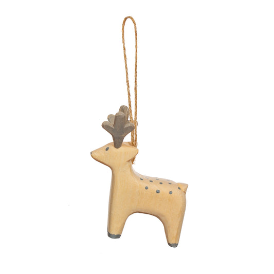This cute little guy is a hand-carved wooden reindeer Christmas decoration for hanging on your tree. How about creating a magical woodland theme this year?