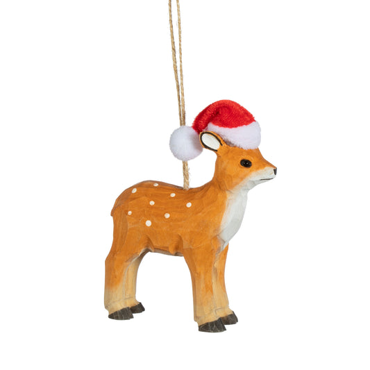 Wooden Deer wearing Santa Hat Christmas Tree Decoration