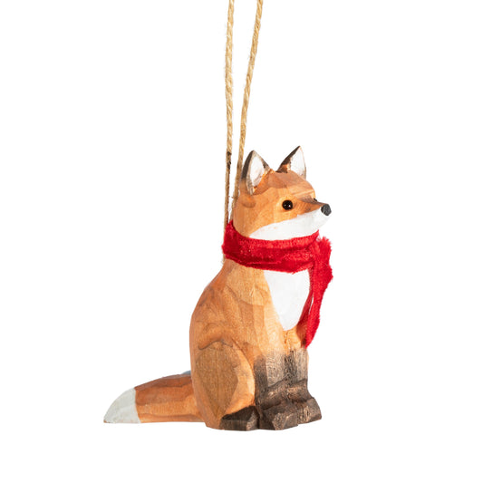 Wooden Fox wearing Red Scarf Christmas Tree Decoration