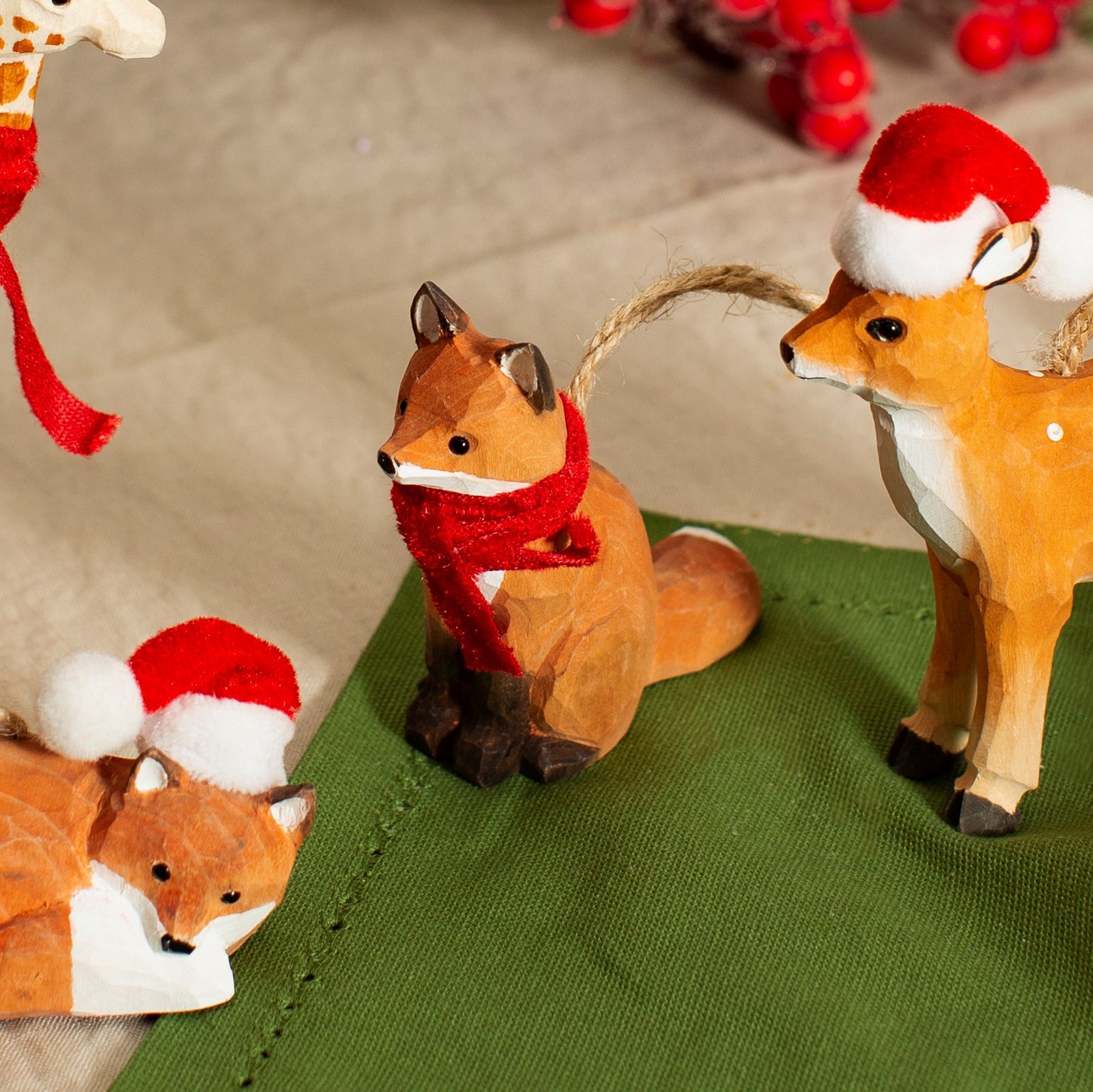 Wooden Fox wearing Red Scarf Christmas Tree Decoration