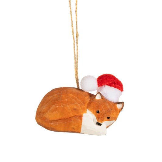 Wooden Fox wearing Santa Hat Christmas Tree Decoration
