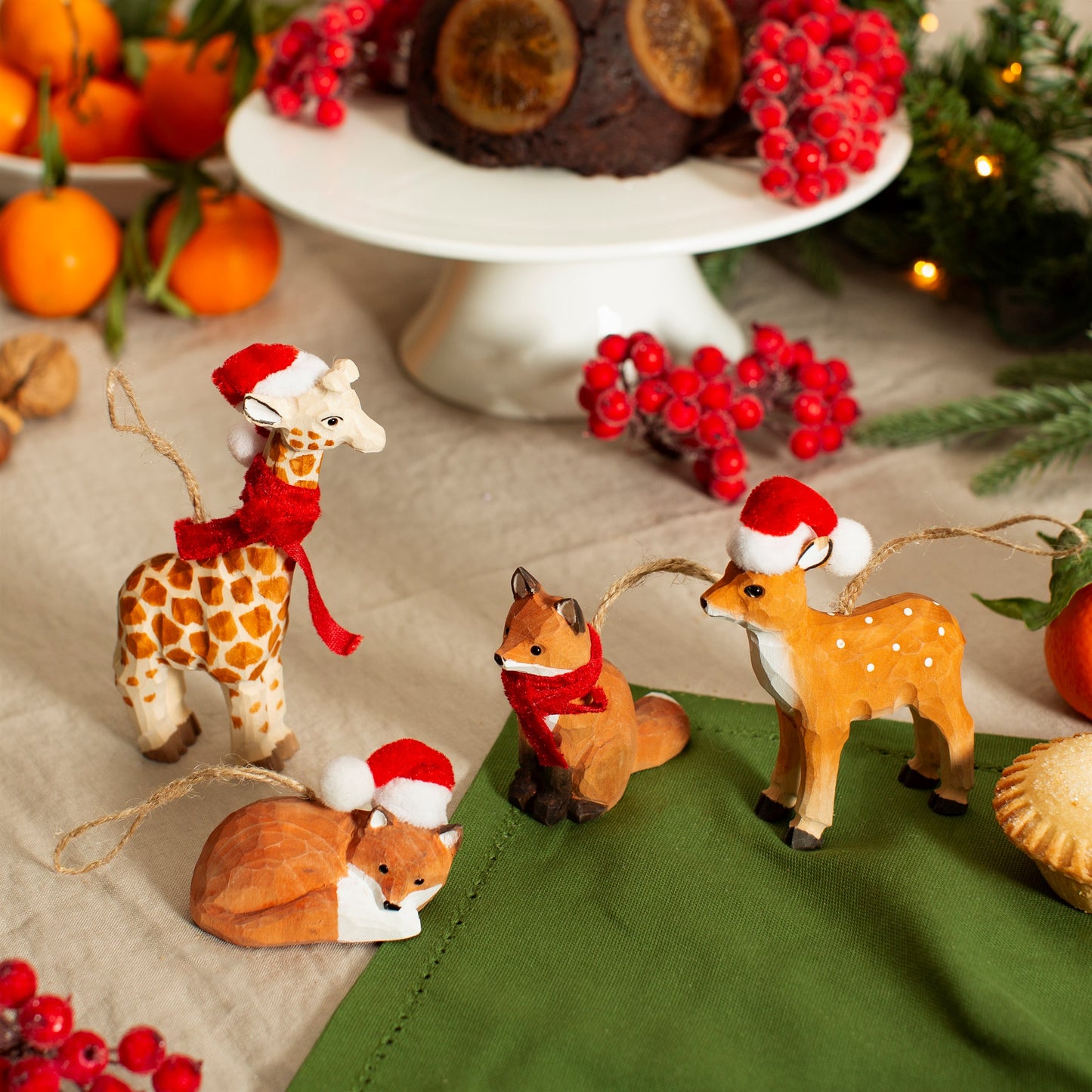 Wooden Fox wearing Santa Hat Christmas Tree Decoration