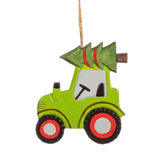Green Tractor with Christmas Tree on Roof Wooden Decoration