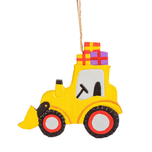 Yellow Digger with Christmas Gifts Wooden Tree Decoration
