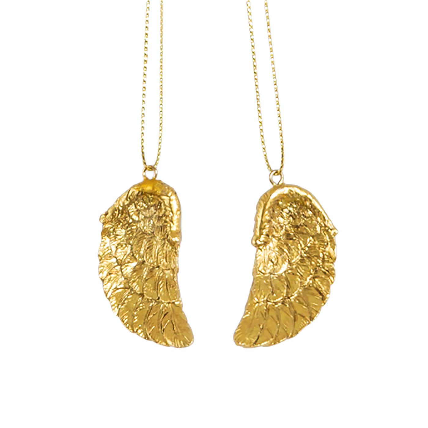 Pair of golden angel wings hanging decorations.
