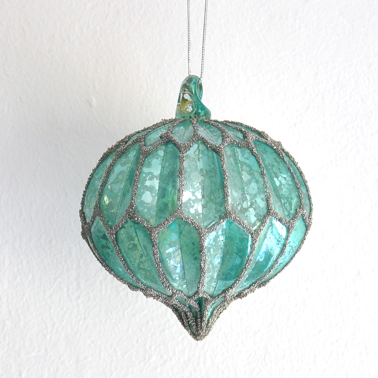 Antique-style Turquoise Christmas Tree Decoration with silver glitter detail