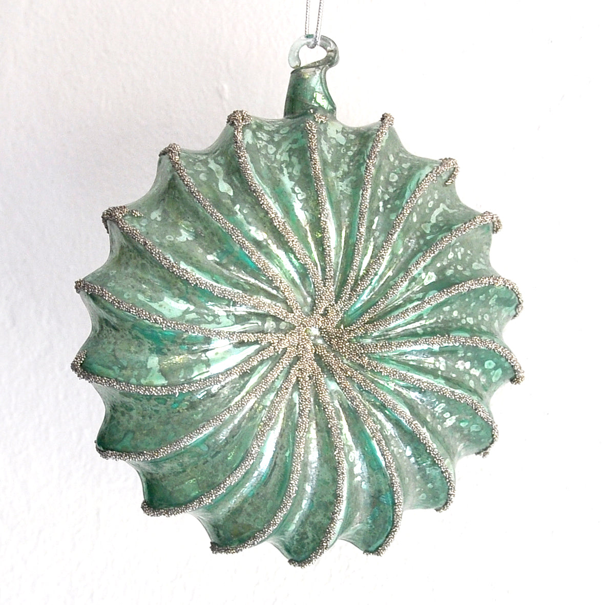 Turquoise Flat Ball Decoration with Silver Glitter Detail