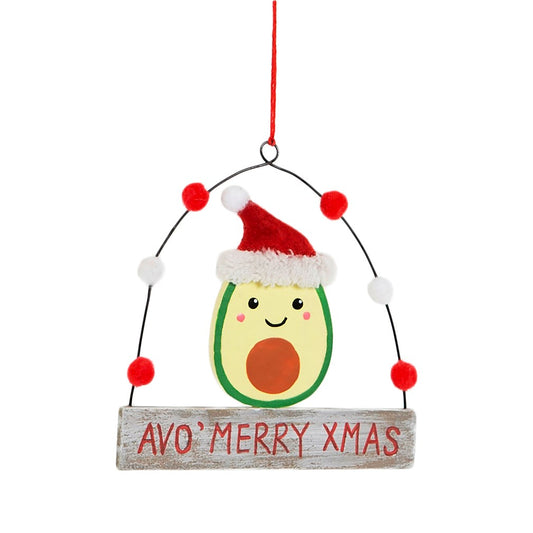 Cute and funny wooden avocado Christmas decoration with the phrase 'Avo Merry Xmas'.